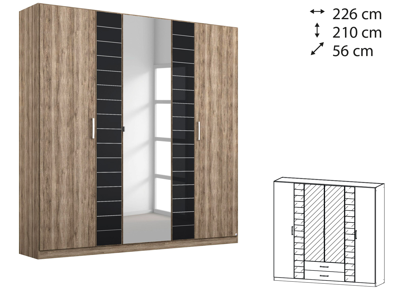 Rauch Terano Wardrobe - 6 Door, 2 Mirror Doors, 2 Glass Doors (with cornice) - ART0T5T